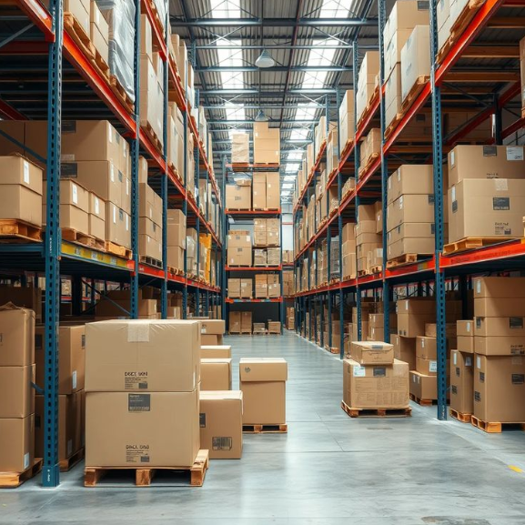 Warehouse aisle with pallet racks and boxed goods